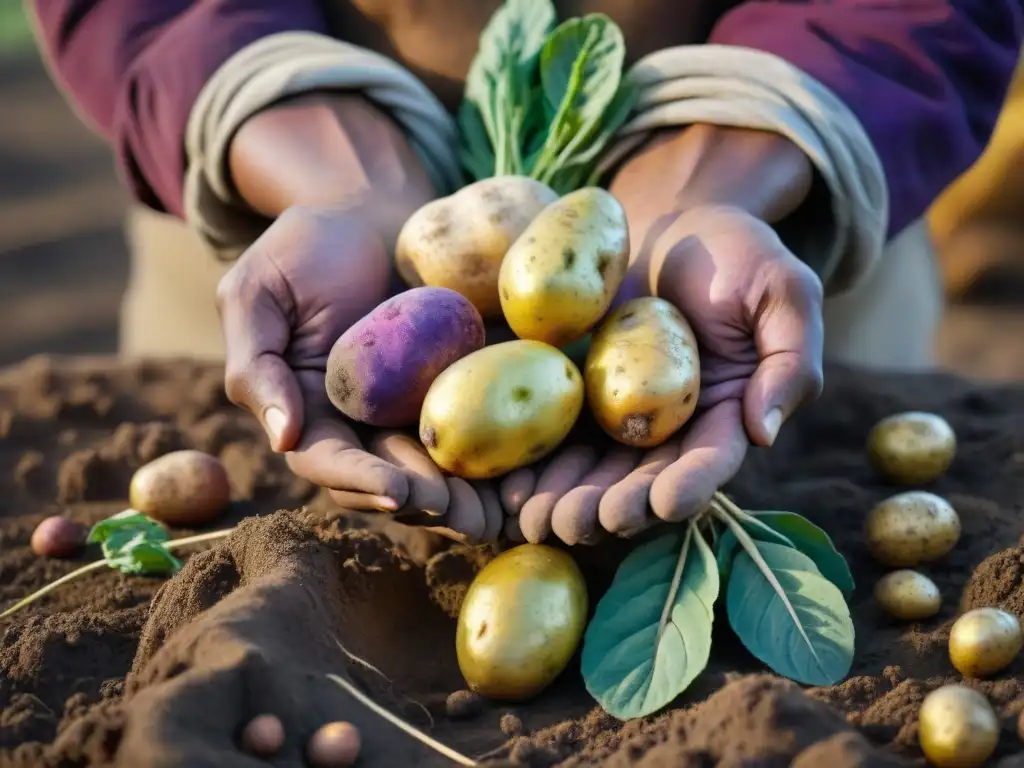 Las manos del agricultor indígena sostienen con cuidado una variedad vibrante de papas nativas