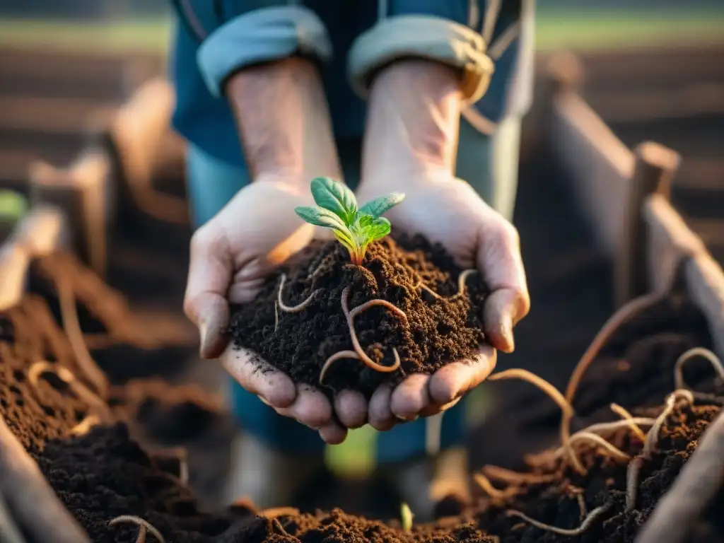 Manos de agricultor sostienen tierra fértil con lombrices y microbios beneficiosos