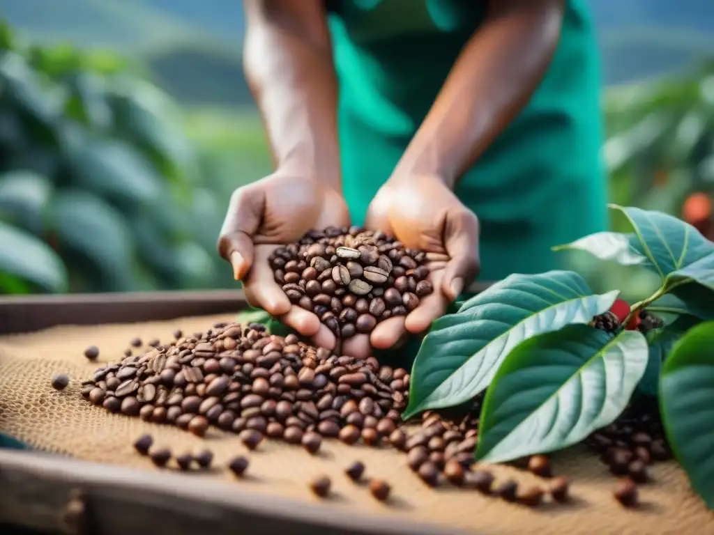 Manos de agricultores indígenas seleccionando granos de café en plantación vibrante