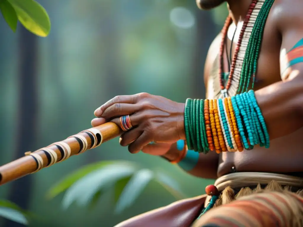 Manos de músico indígena ancestral tocando flauta de madera tallada, en un bosque verde