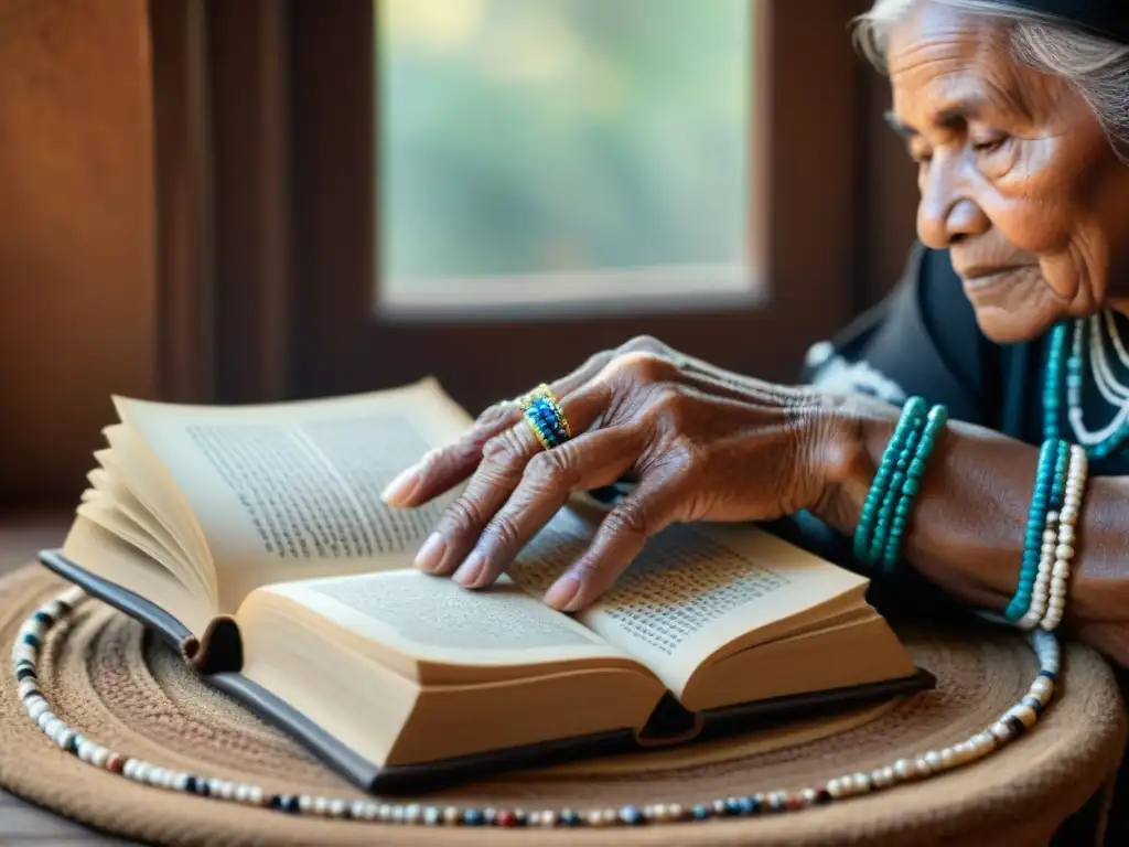 Manos anciana indígena con cuentas tradicionales, leyendo libro antiguo en casa humilde