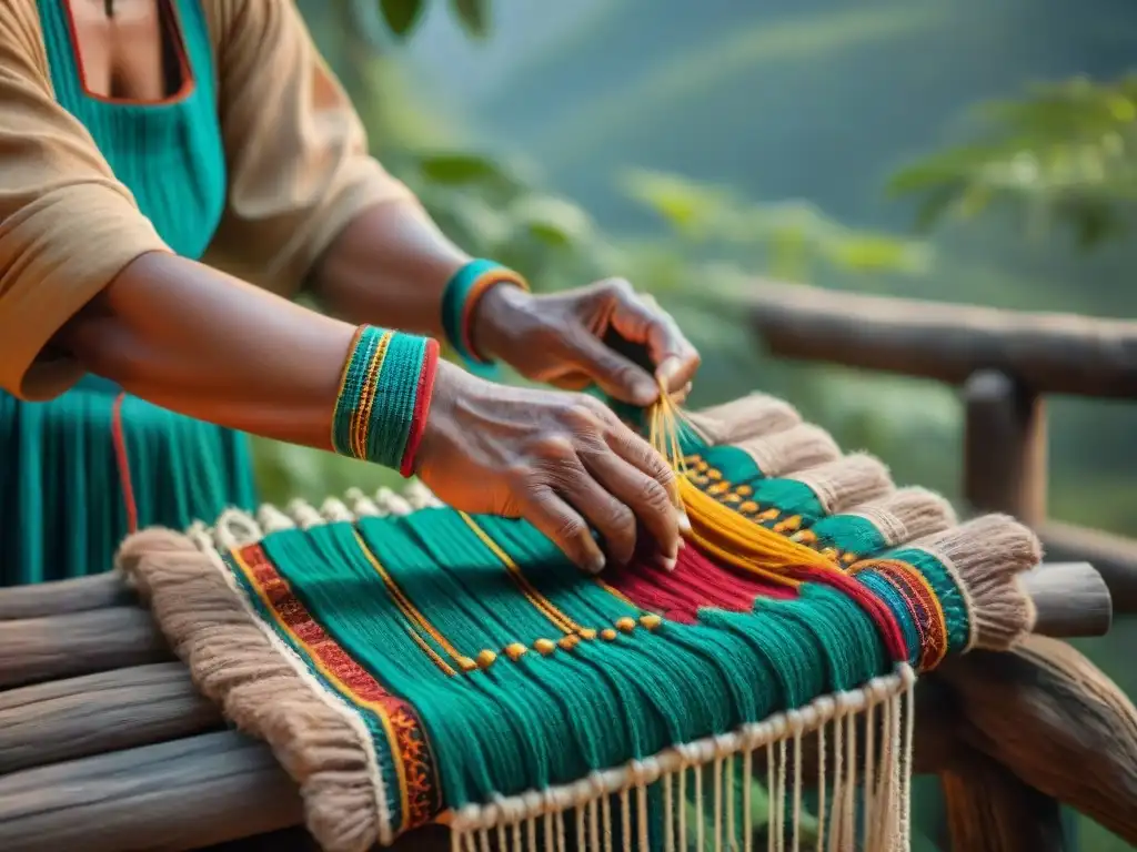 Manos ancianas tejiendo patrones indígenas en la naturaleza