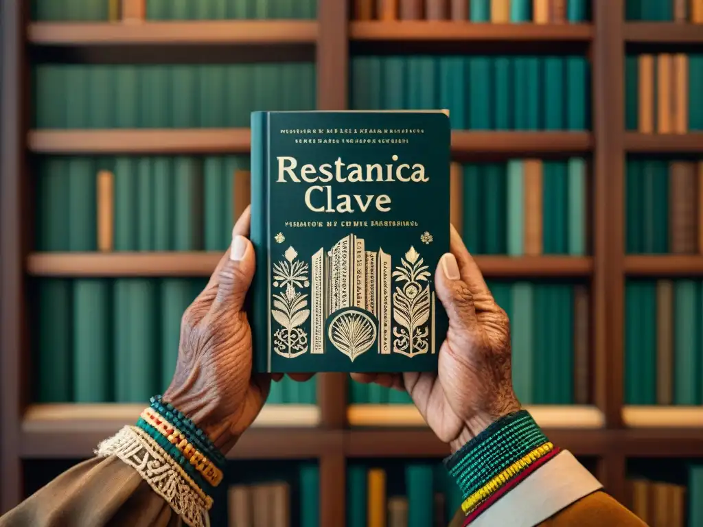 Manos ancianas con patrones tradicionales sujetan libro 'Historia y Resistencia' en biblioteca, representando lucha de pueblos indígenas