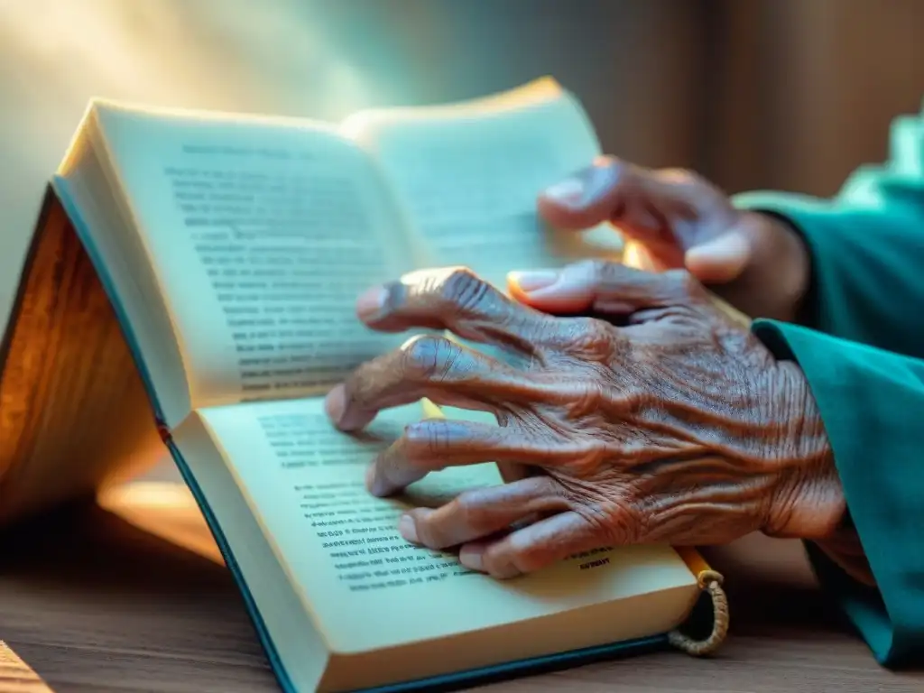 Manos de anciano indígena preservando lengua ancestral Las manos del anciano indígena pasan con delicadeza las páginas del libro centenario en idioma indígena