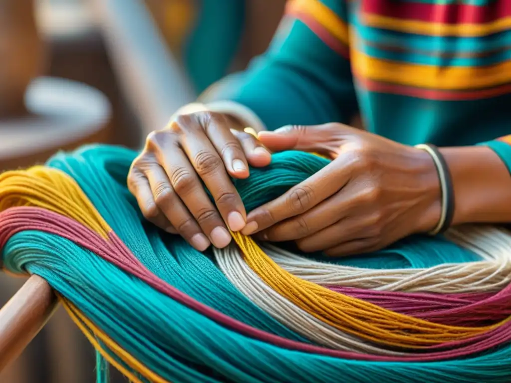 Las manos de un artesano indígena tejen con destreza hilos vibrantes en un patrón tradicional