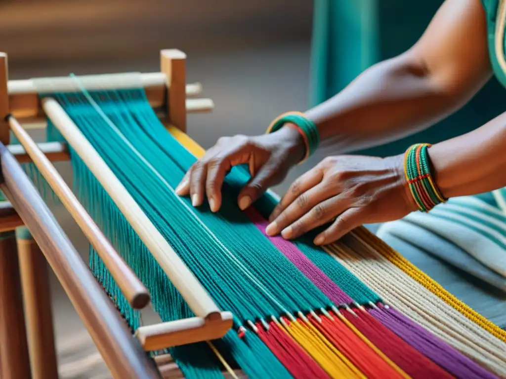 Las manos de un artesano indígena tejiendo con técnicas ancestrales en un telar de madera, creando hermosos patrones textiles