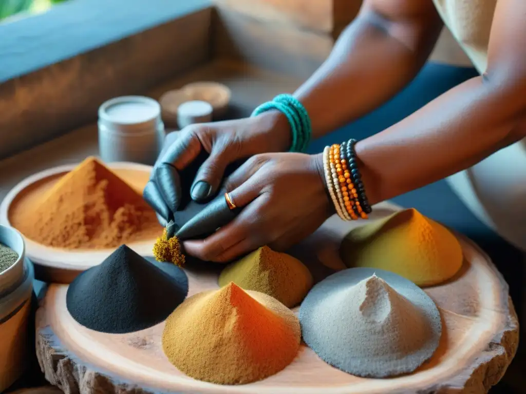 Manos de artista indígena moliendo pigmentos naturales en piedra, creando rica paleta de colores