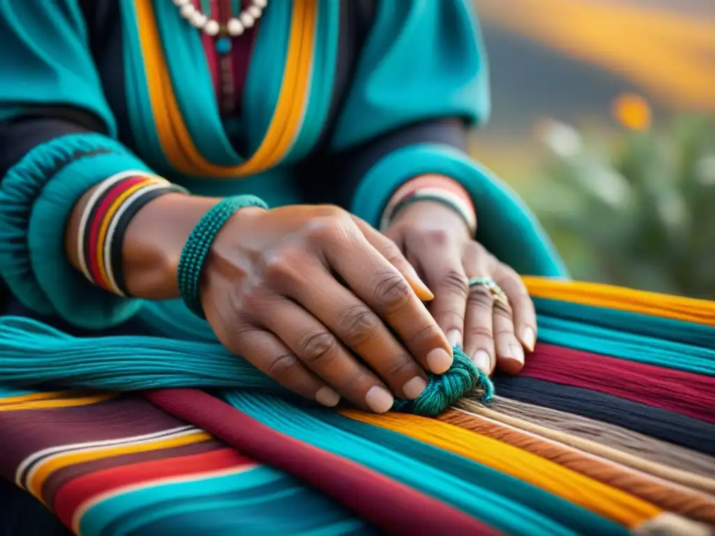 Manos de artista indígena tejiendo textiles tradicionales en detalle, expresando siglos de conocimiento y cultura