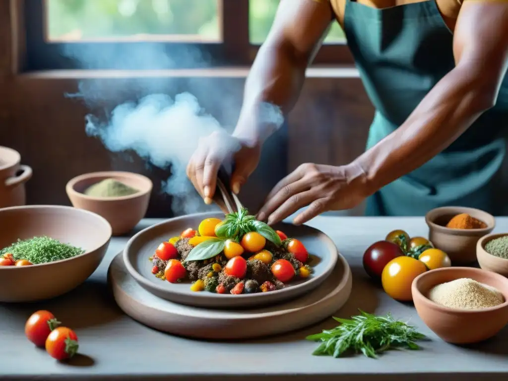 Manos de chef indígena preparando platillo tradicional en cocina rústica