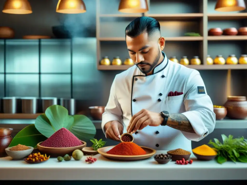 Las manos del chef, con tatuajes, mezclan ingredientes indígenas en un plato exquisito en cocina de alta gama