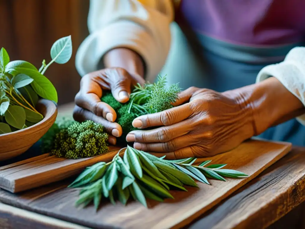 Las manos del curandero indígena preservan conocimiento medicinal, mezclando hierbas con sabiduría generacional