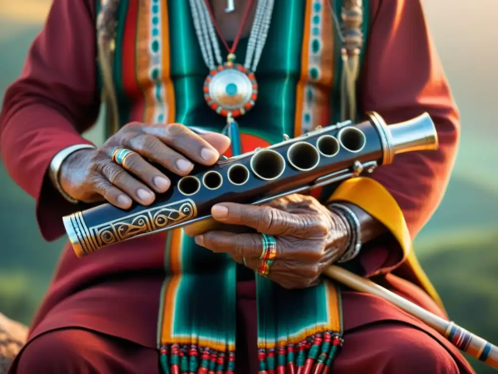 Las manos curtidas de un anciano músico indígena tocando una flauta tradicional decorada