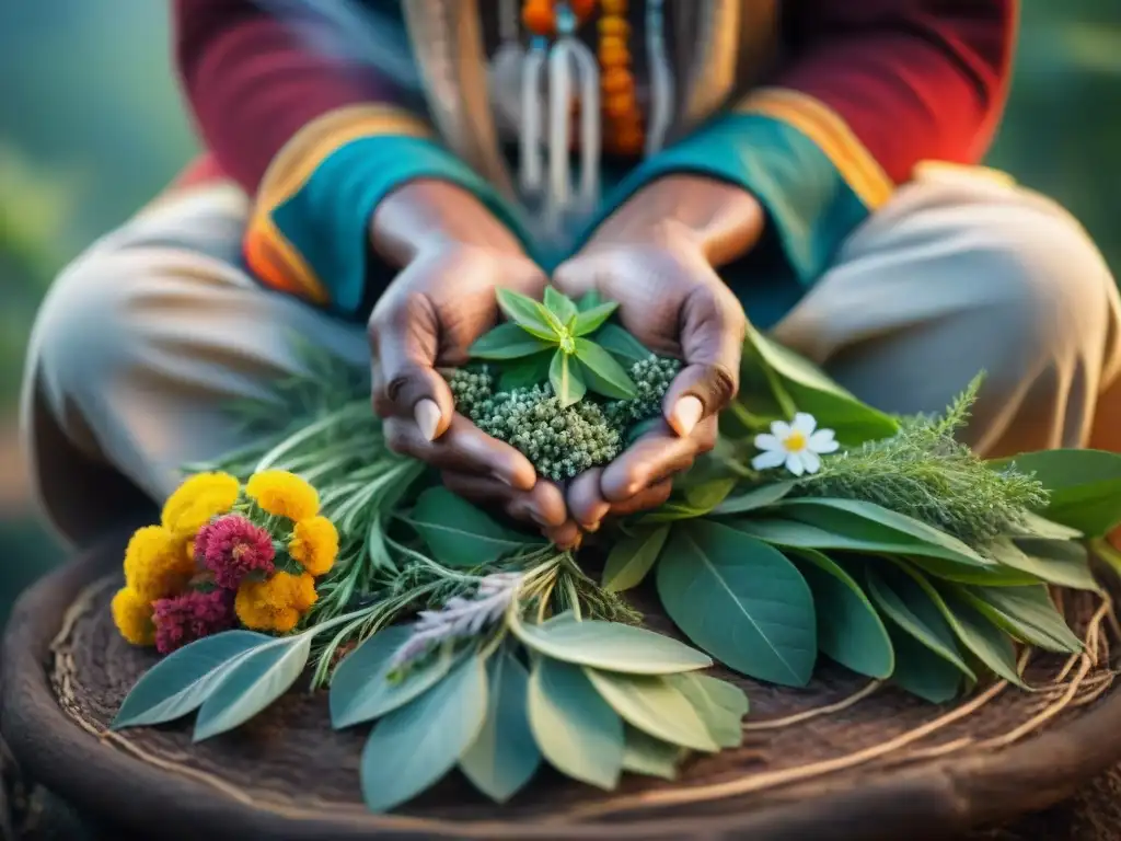 Las manos curtidas de un sanador indígena sostienen hierbas vibrantes en un ritual ancestral