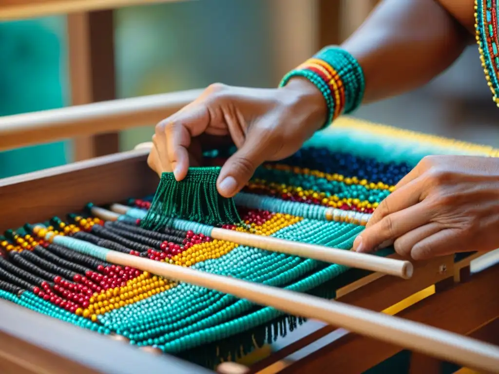 Manos expertas tejiendo accesorios indígenas americanos, muestra la diversidad cultural en cada detalle de las cuentas