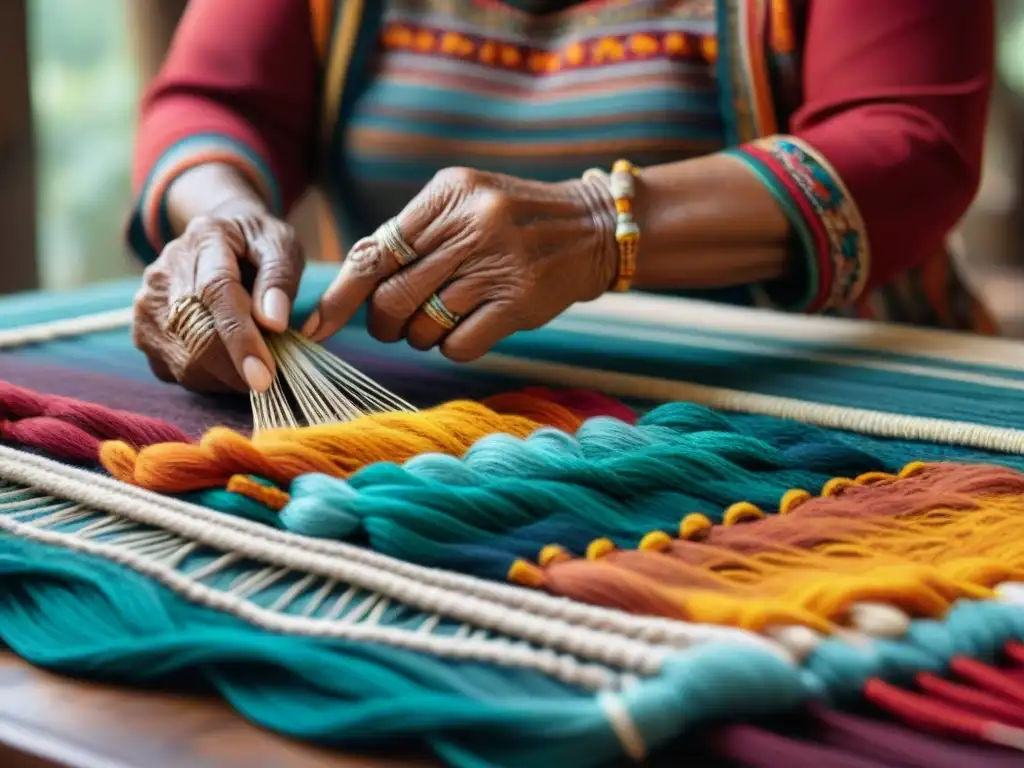 Manos expertas de anciana indígena tejiendo con cuidado en un taller acogedor, preservación lingüística en culturas indígenas