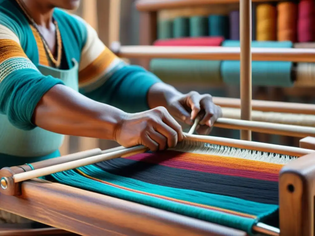 Las manos expertas de una artesana tejen textiles indígenas vibrantes en telar rústico