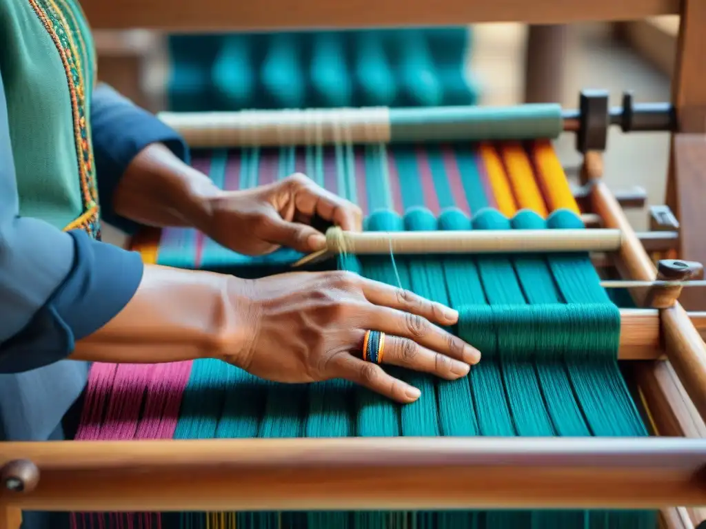 Manos expertas de artesano indígena tejiendo textiles coloridos en telar tradicional