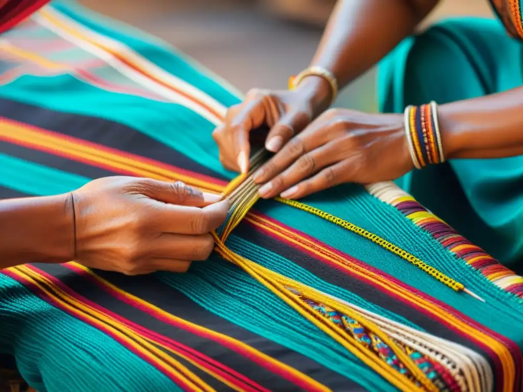 Manos expertas de un artesano indígena tejiendo diseño textil tradicional, en mercado bullicioso