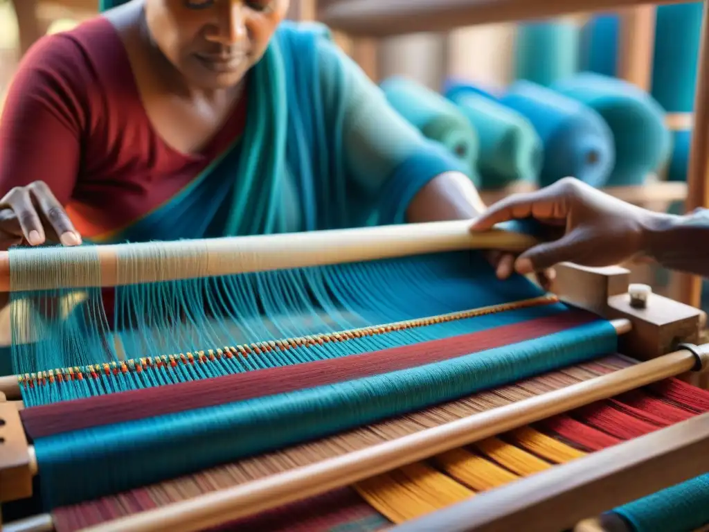 Las manos expertas de un artesano tejiendo textiles Muisca con hilos vibrantes en un telar tradicional, iluminadas por la luz del sol