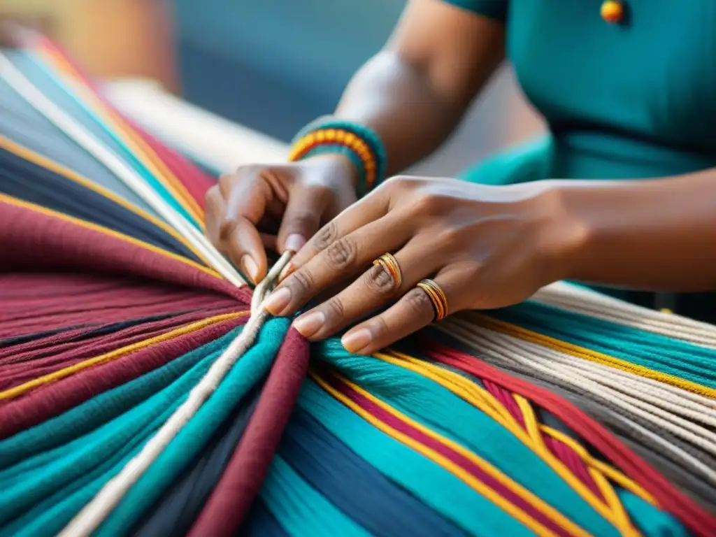 Manos expertas de artista indígena tejiendo patrones tradicionales en tela colorida