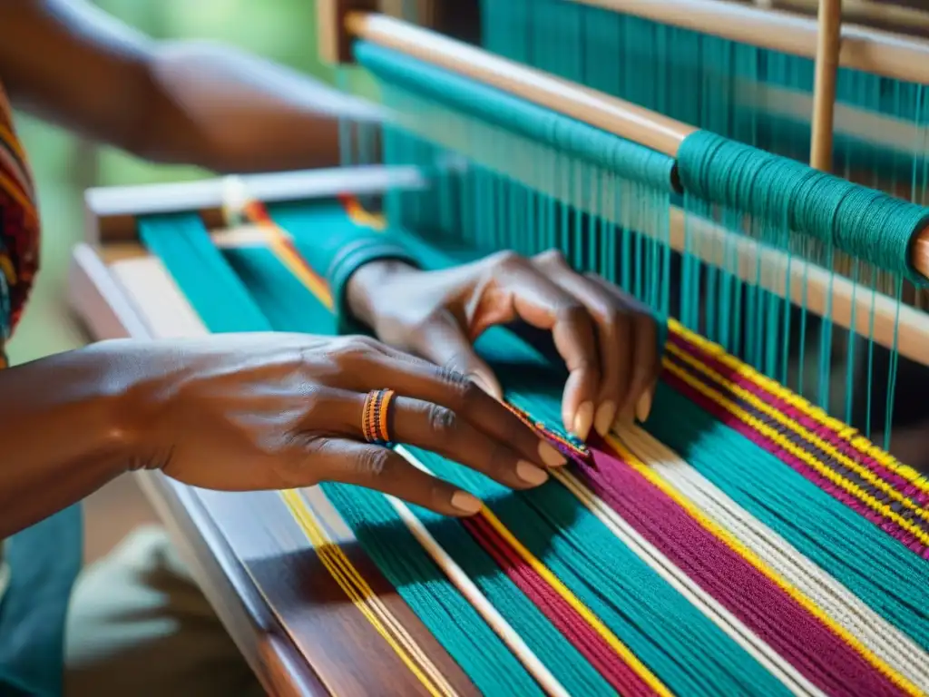 Las manos expertas de un artista textil indígena tejen con delicadeza hilos vibrantes en un telar tradicional