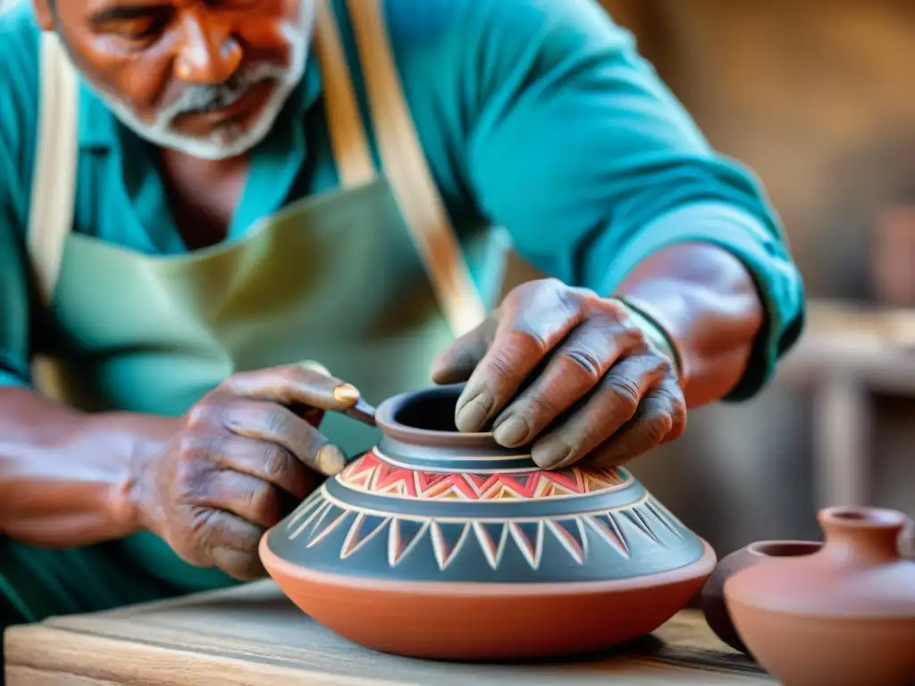 Manos expertas moldeando cerámica en taller indígena, mostrando colores y patrones vibrantes