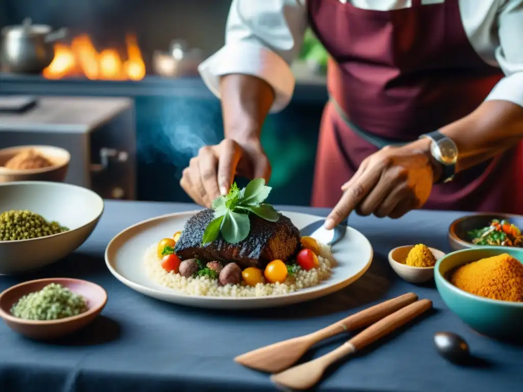 Manos expertas de chef indígena preparando alimentos tradicionales, conservando la cultura a través de la gastronomía