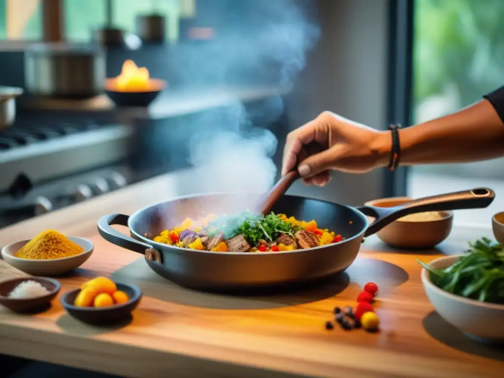 Las manos expertas de un chef indígena redefiniendo cocina tradicional en un entorno moderno