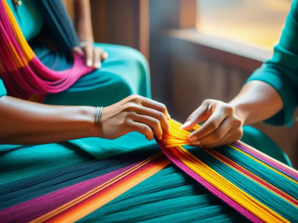 Manos expertas tejen coloridos hilos en un textil otomí, reflejando la riqueza cultural del curso lengua otomí cultura indígena