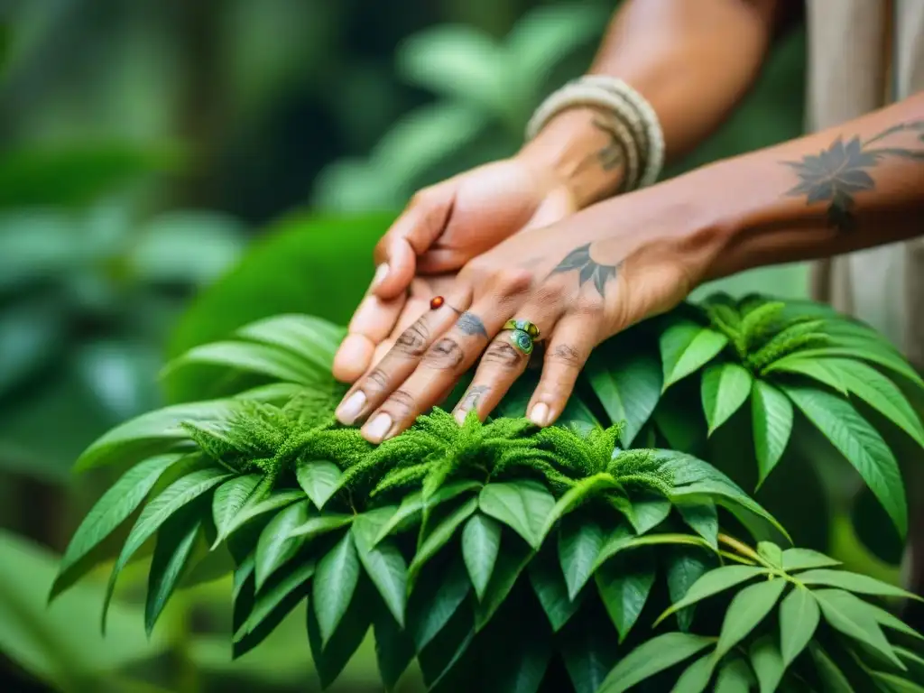 Manos expertas de curandero indígena seleccionando plantas medicinales en la selva