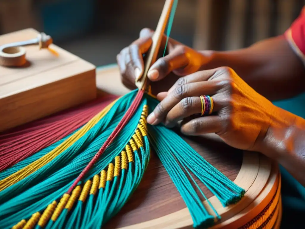 Manos expertas tejen con detalle un instrumento indígena tradicional, en una colorida escena de construcción