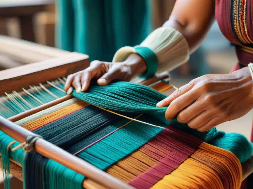 Artesanía ancestral: manos expertas tejiendo fibras naturales en telar tradicional Manos expertas tejiendo fibras en telar tradicional con colores tierra, destacando la conexión con Materiales textiles sostenibles indígenas