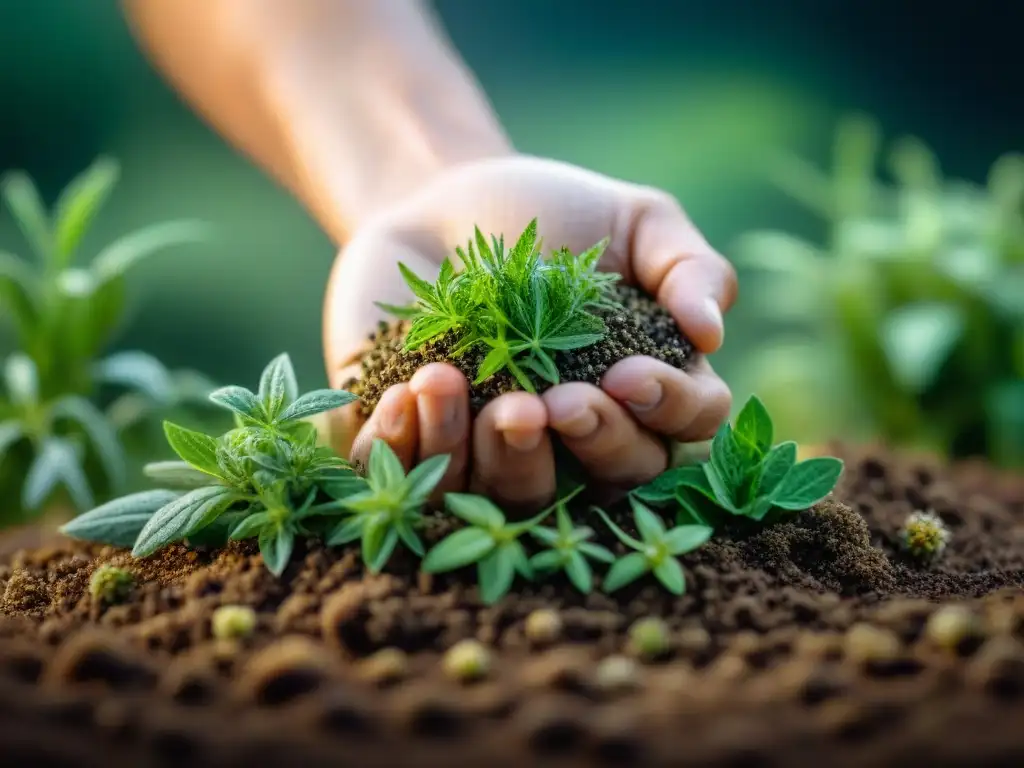 Manos expertas cosechando hierbas verdes, conectando con la medicina herbal nativa y los elementos de la tierra