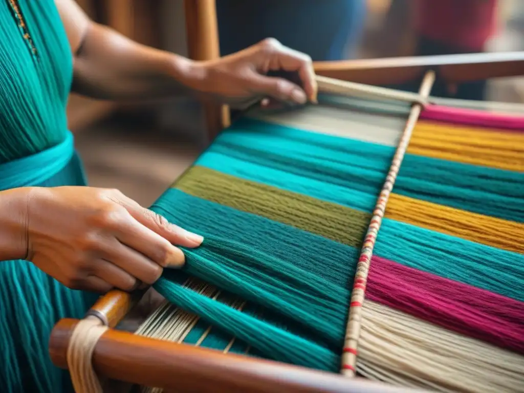 Manos expertas tejen con hilos vibrantes, revelando el significado espiritual de los textiles Guaraníes