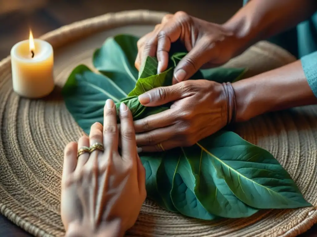 Manos expertas enrollan hoja de tabaco en ritual de oración, en un espacio sagrado iluminado por velas