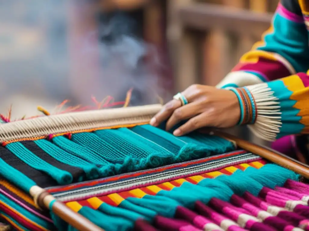 Manos expertas tejiendo iconografía textil en telar andino, capturando colores y patrones vibrantes