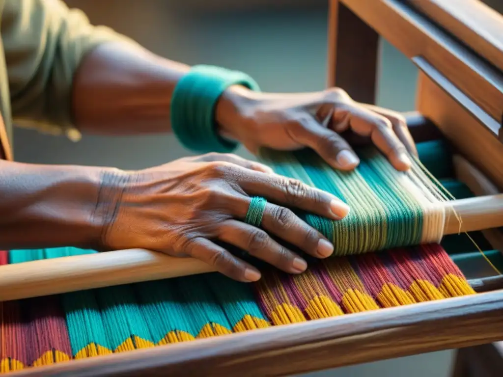 Manos expertas de maestros tejedores indígenas destacados tejiendo con hilos coloridos en telar tradicional