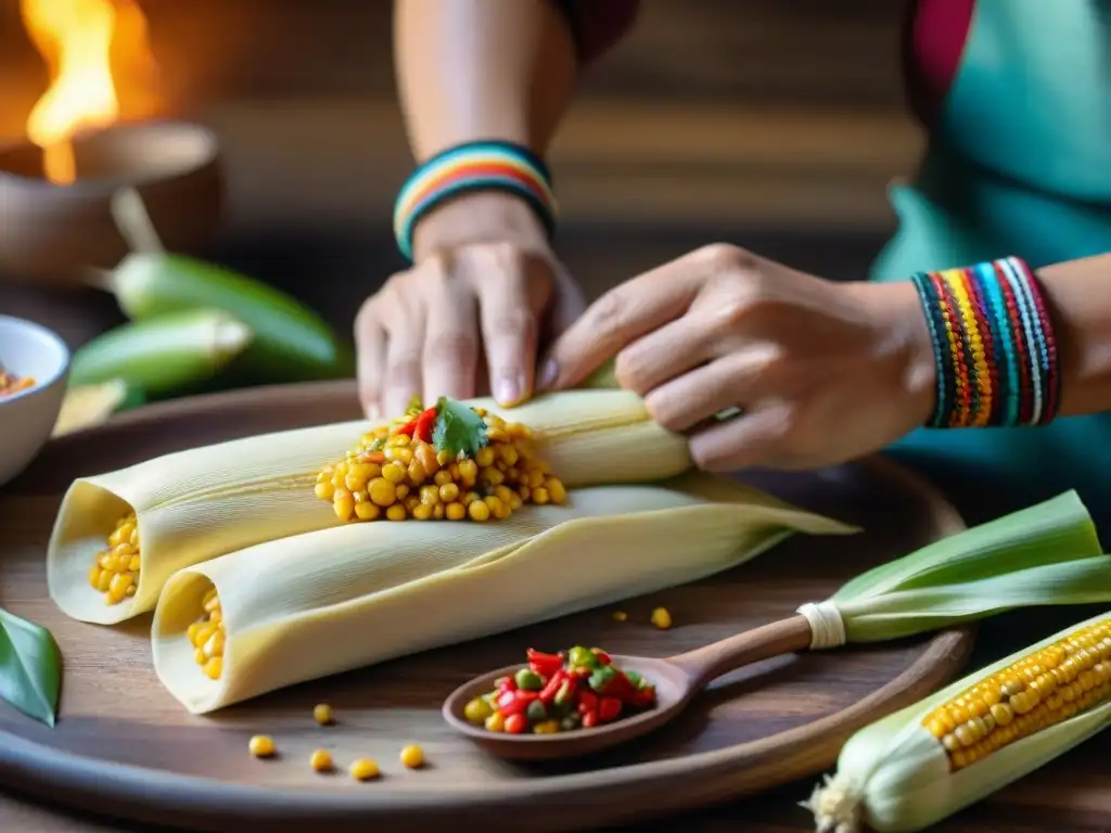 Unas manos expertas esparciendo masa de maíz en hojas de maíz, resaltando técnicas culinarias de culturas indígenas américas