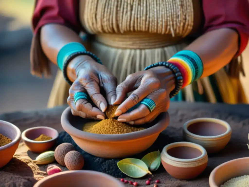 Manos expertas de mujer indígena preparando pinole, destacando la energía ancestral de la cultura indígena