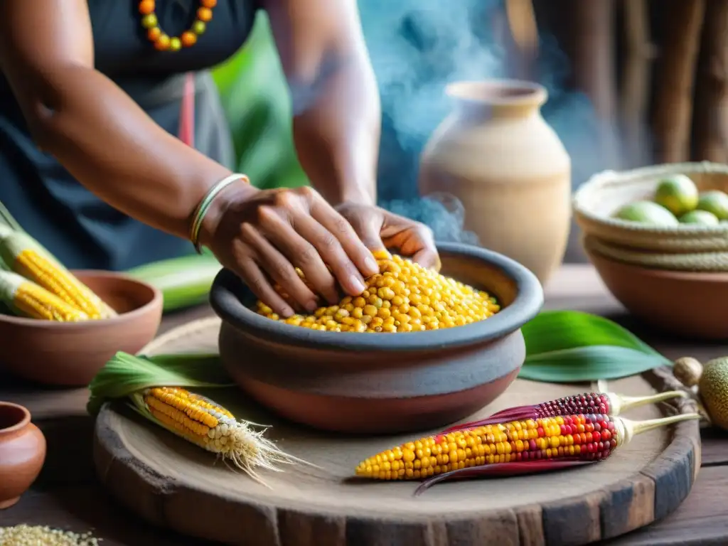 Manos expertas de mujer indígena preparando chicha con técnicas milenarias de fermentación