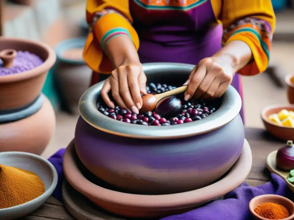 Las manos expertas de una mujer peruana preparando chicha morada en una olla de barro, destacando la tradición y la historia de esta bebida icónica