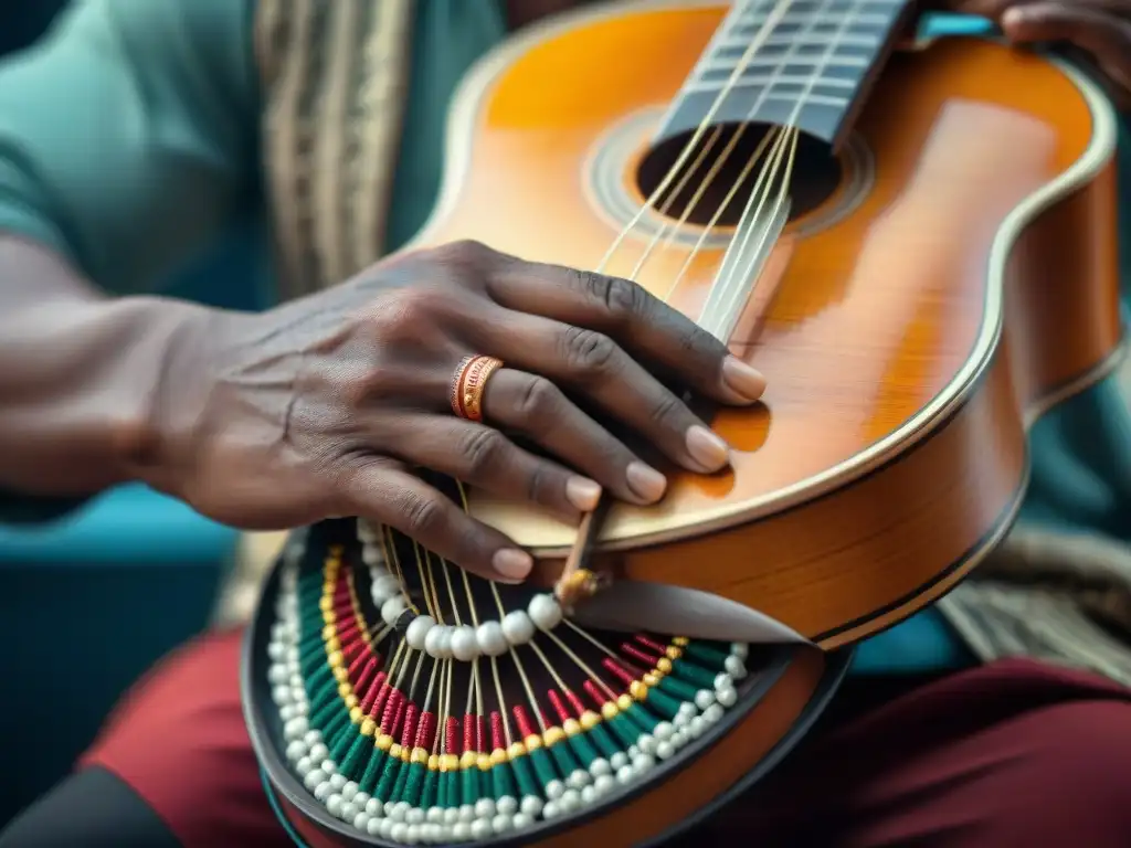 Las manos expertas de un músico indígena tocando la lira andina, revelan historia y tradición musical