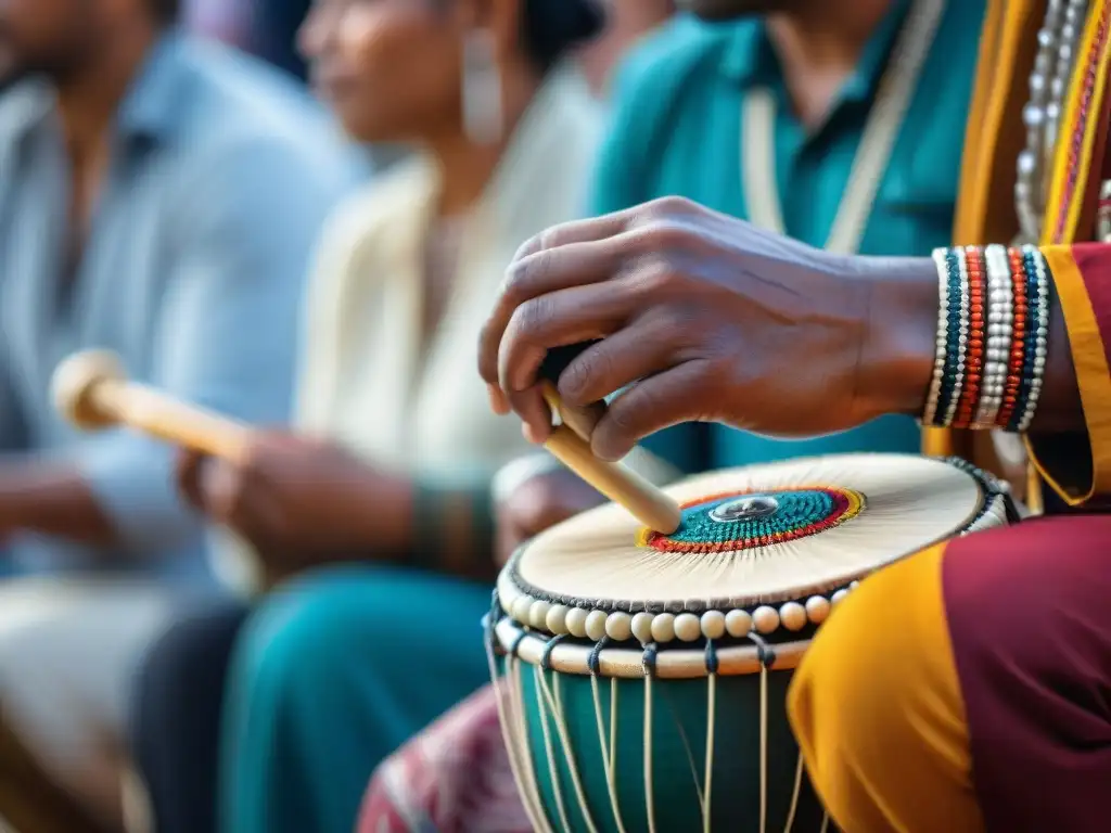 Manos expertas de músico indígena tocando un instrumento tradicional, fusionando herencia y modernidad