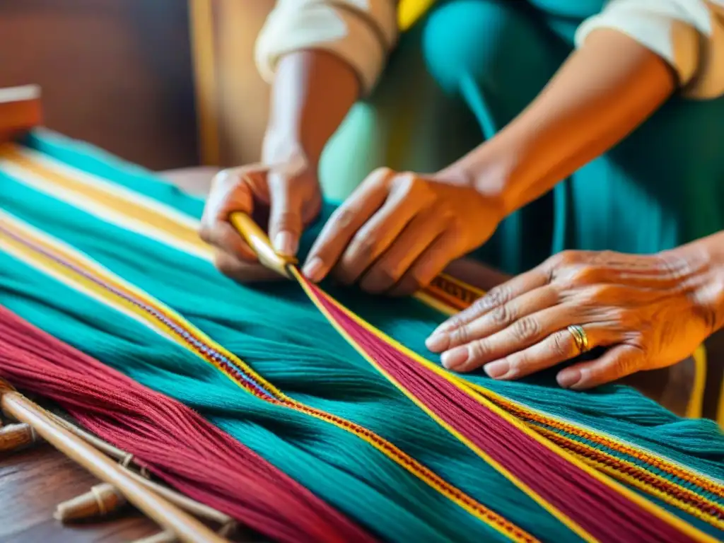 Manos expertas tejiendo un patrón textil tradicional Guaraní, destacando el significado espiritual de los textiles