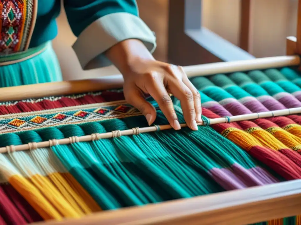 Manos expertas tejen patrones indígenas en telar de madera, destacando la identidad indígena a través de la moda