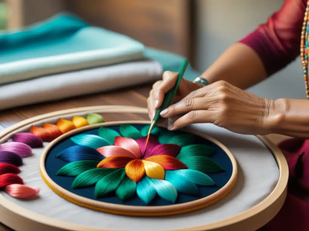 Manos expertas bordando patrones indígenas en un taller, reflejando la rica artesanía y cultura