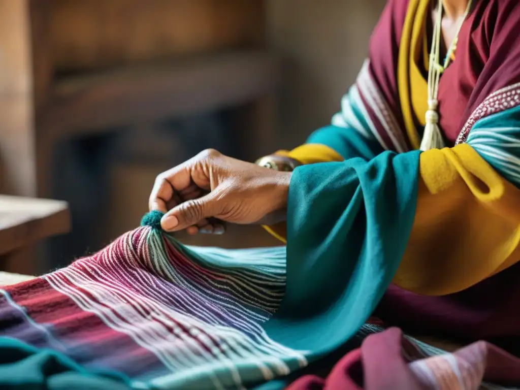 Manos expertas tejiendo patrones en textil indígena con técnicas ancestrales de teñido