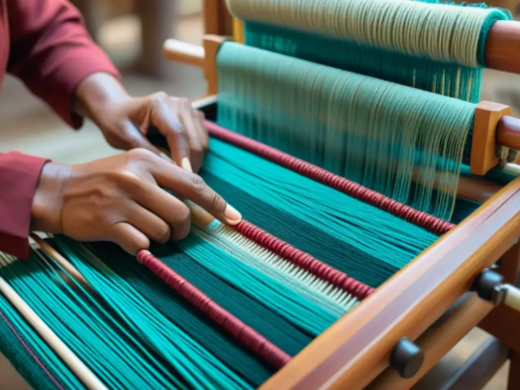 Manos expertas tejen patrones vibrantes en telar tradicional, fusionando técnicas ancestrales con diseños contemporáneos