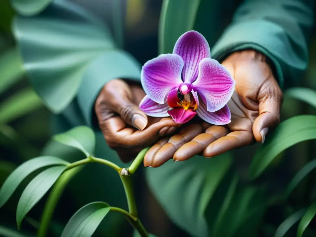 Manos expertas sostienen orquídea en la selva