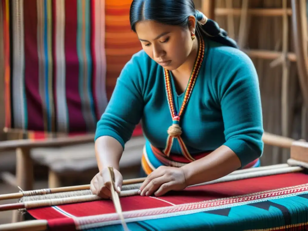 Manos expertas tejiendo un textil Mapuche en telar tradicional, con colores vibrantes y patrones detallados